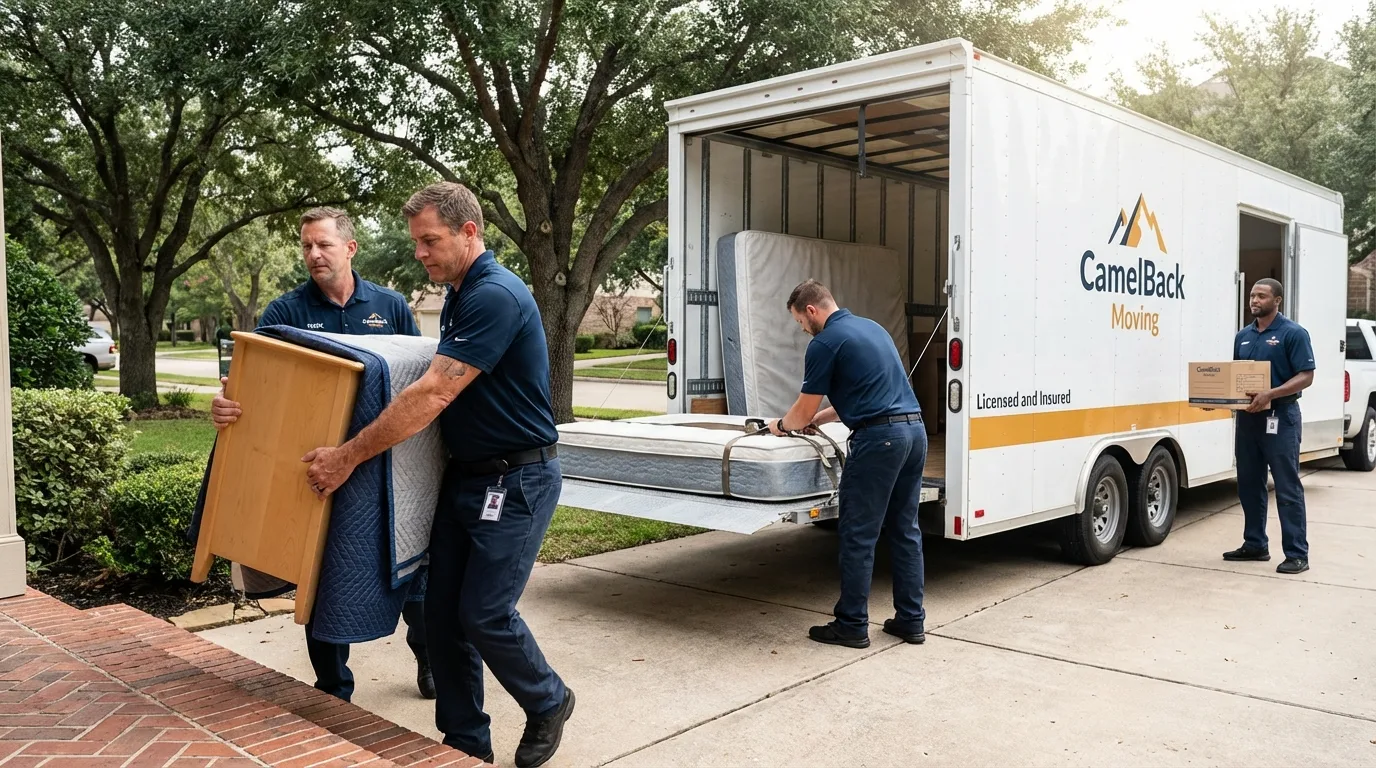Crew loading residential truck for cross-state move from Ennis, TX