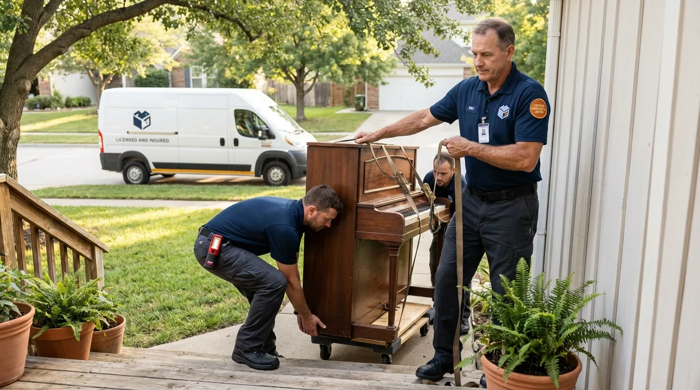 Licensed piano movers securing grand piano in Ennis, TX
