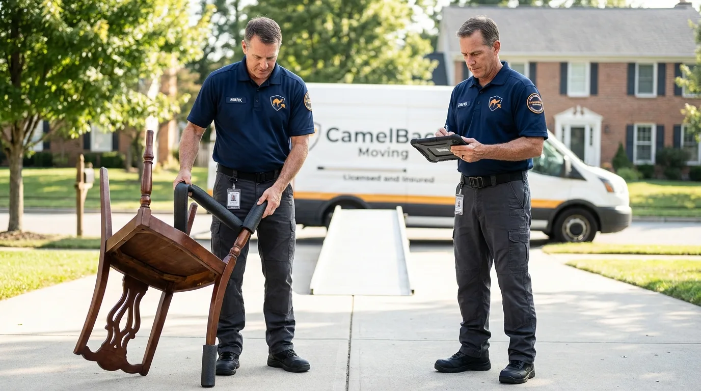Movers inspecting furniture for damage prevention before loading in Ennis, TX