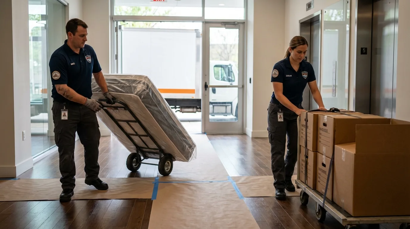 Professional apartment movers loading elevator in Ennis, TX