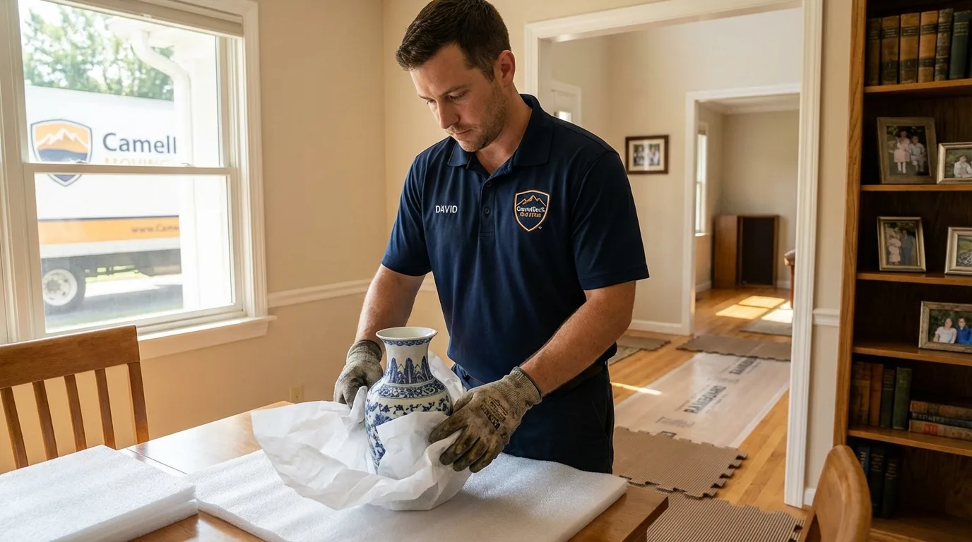 Professional crew carefully wrapping antique vase for senior downsizing move in Ennis, TX